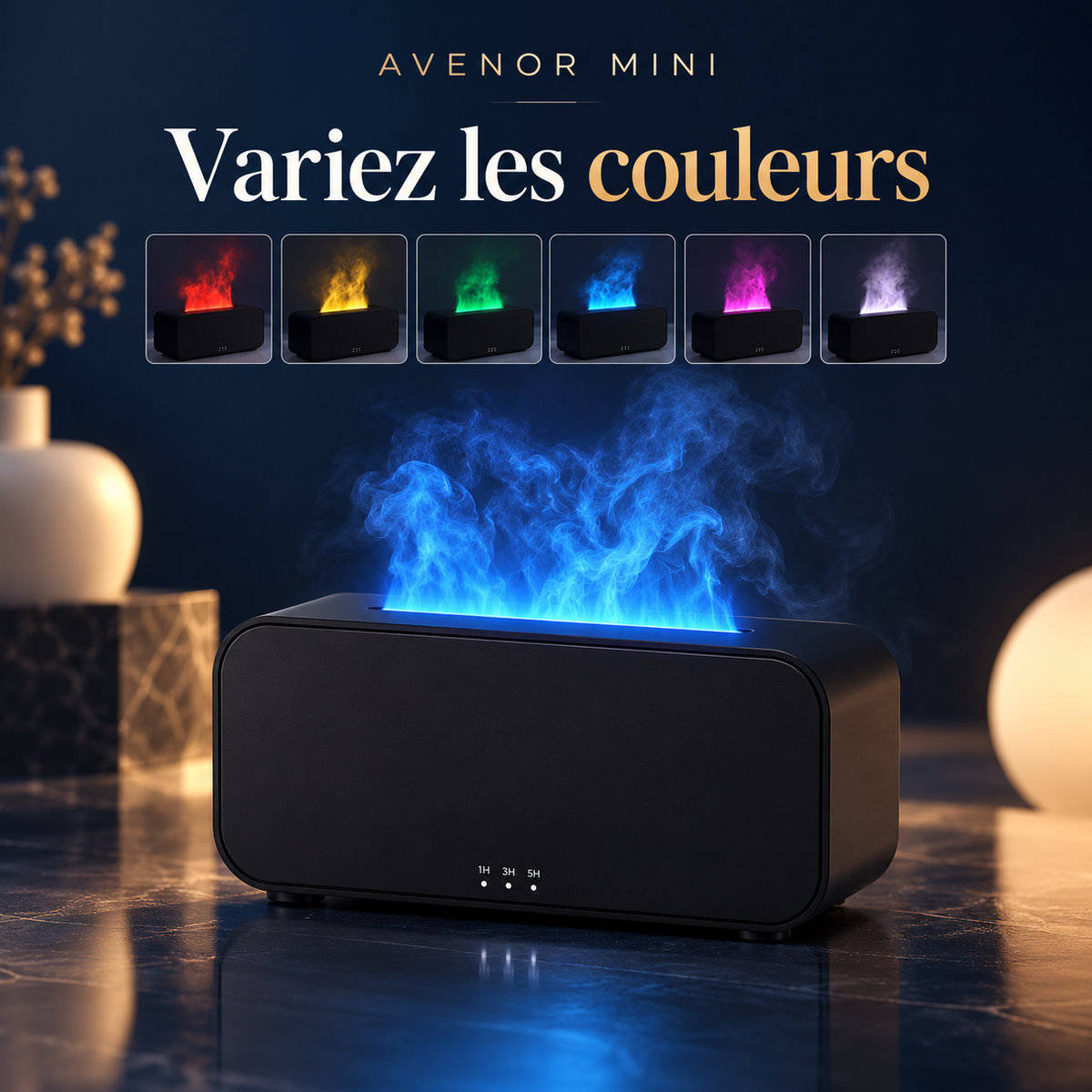 Visualisation d’AVENOR Mini noir avec effet de brume bleue.