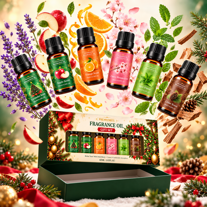 Coffret de six huiles parfumées de 10 ml, flacons et explosion de senteurs, sans texte ajouté.