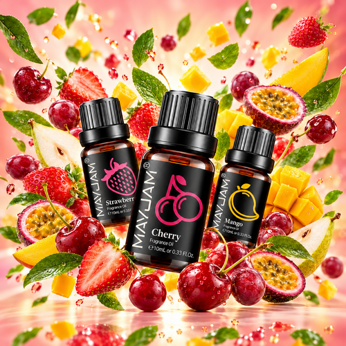 Visualisation de flacons MAYJAM Cerise, Fraise et Mangue entourés de fruits en mouvement, sans texte ajouté. Flacons vendus à l’unité.